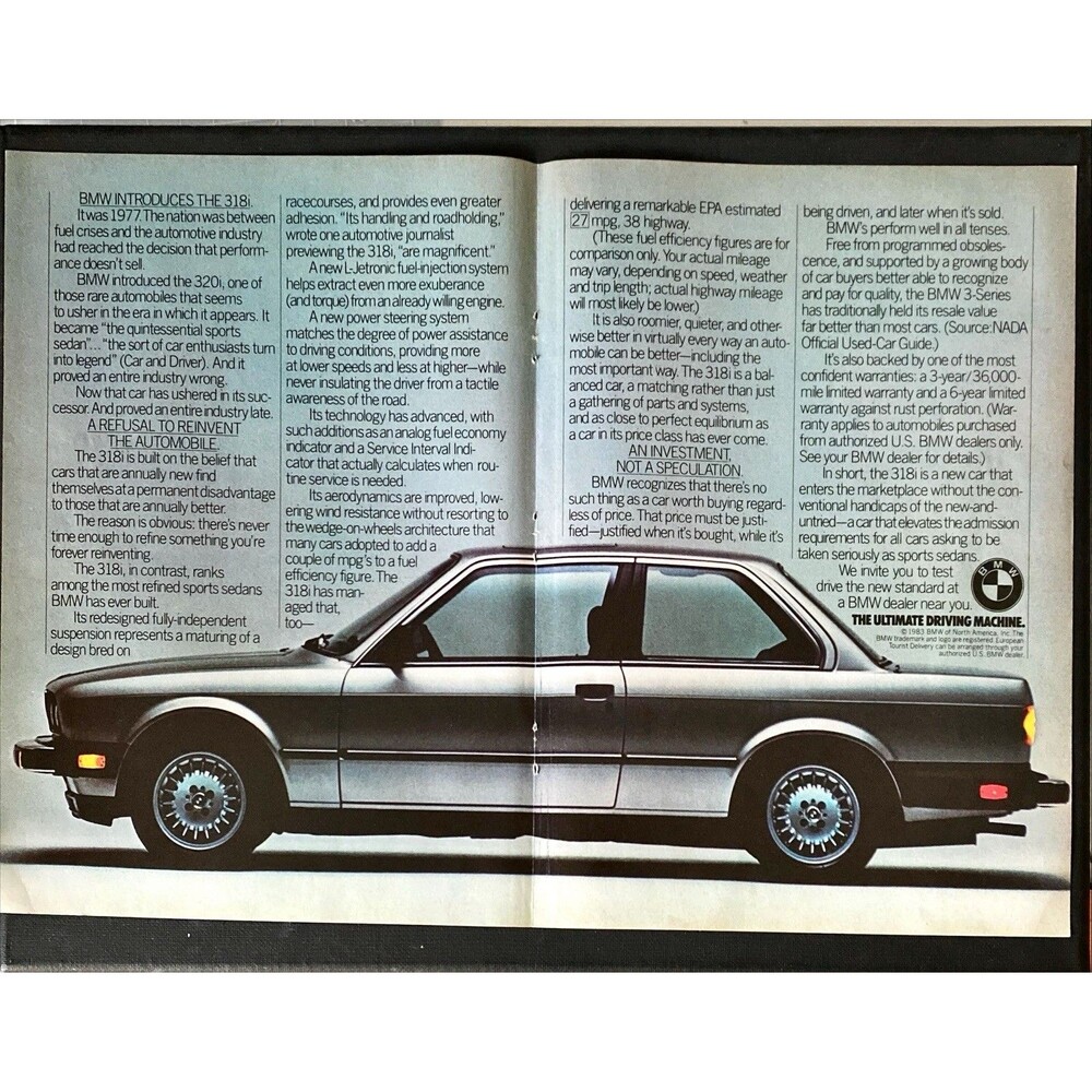 BMW 318i Sports Sedan "Ultimate Driving Machine" 2-page Vintage Print Ad 1983